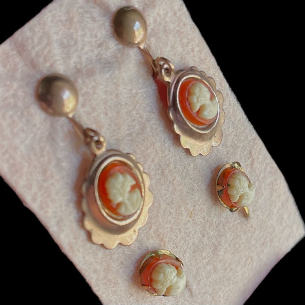 Vintage Celluloid Cameo Screw Back Copper Alloy Earrings - Picture 5 of 16
